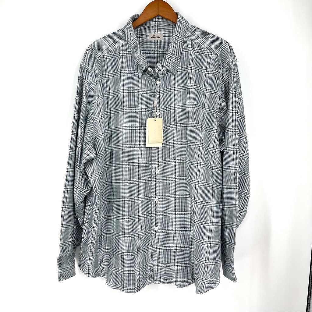 Nwt Brioni Dress Shirt Men 5xl Plaid Houndstooth Cotton Navy White Luxe 2xl Fit